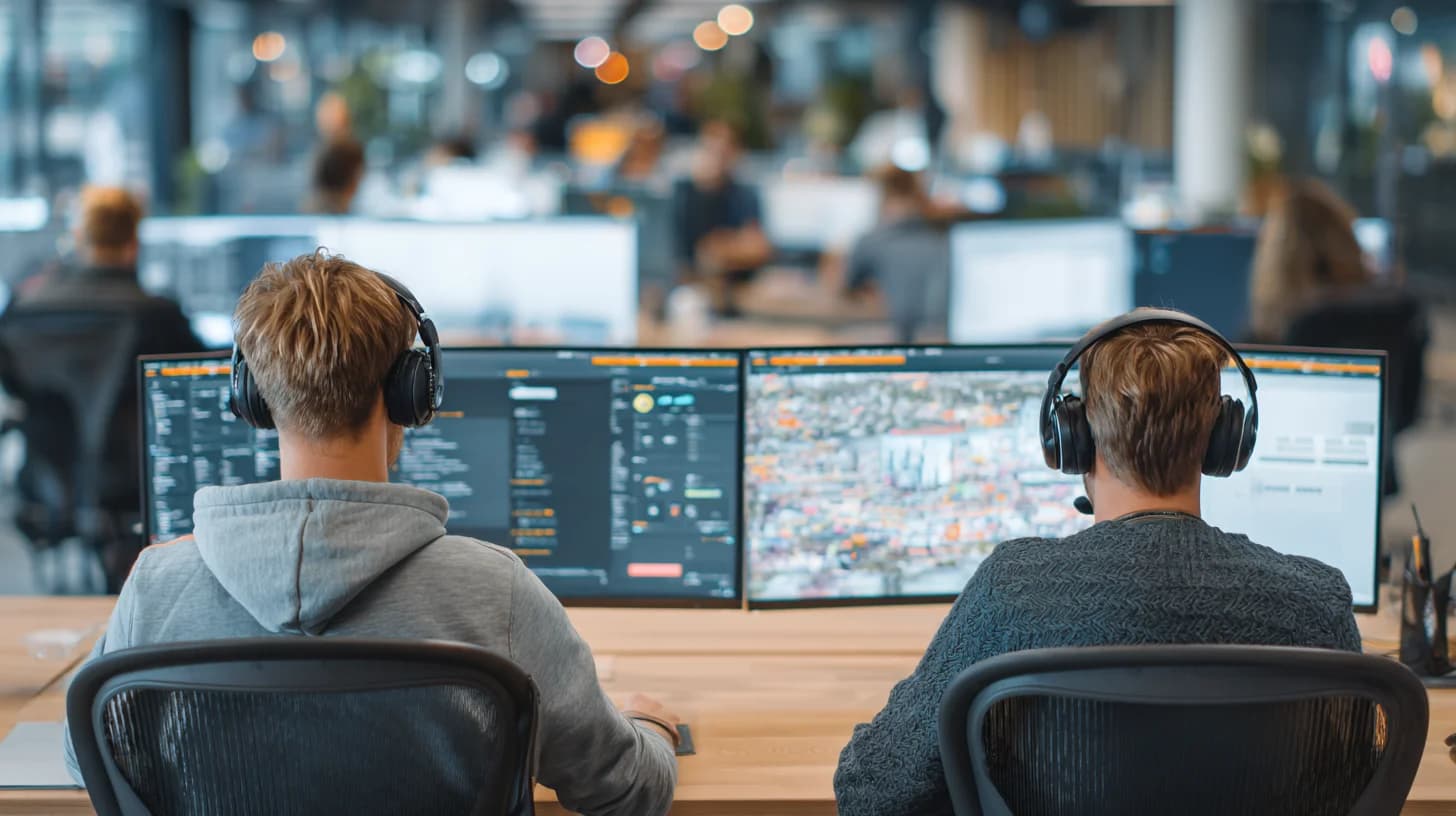 Modern service desk and collaboration: headset-free professionals at monitors, ticketing dashboard as abstract blur, bright office, no logos or readable UI.