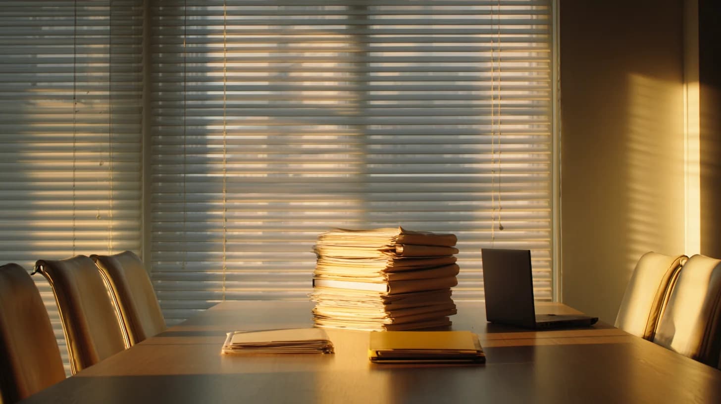 Security and audit readiness: executive desk with organized binders, laptop showing checklist metaphor, warm neutral light, no legible text or logos.