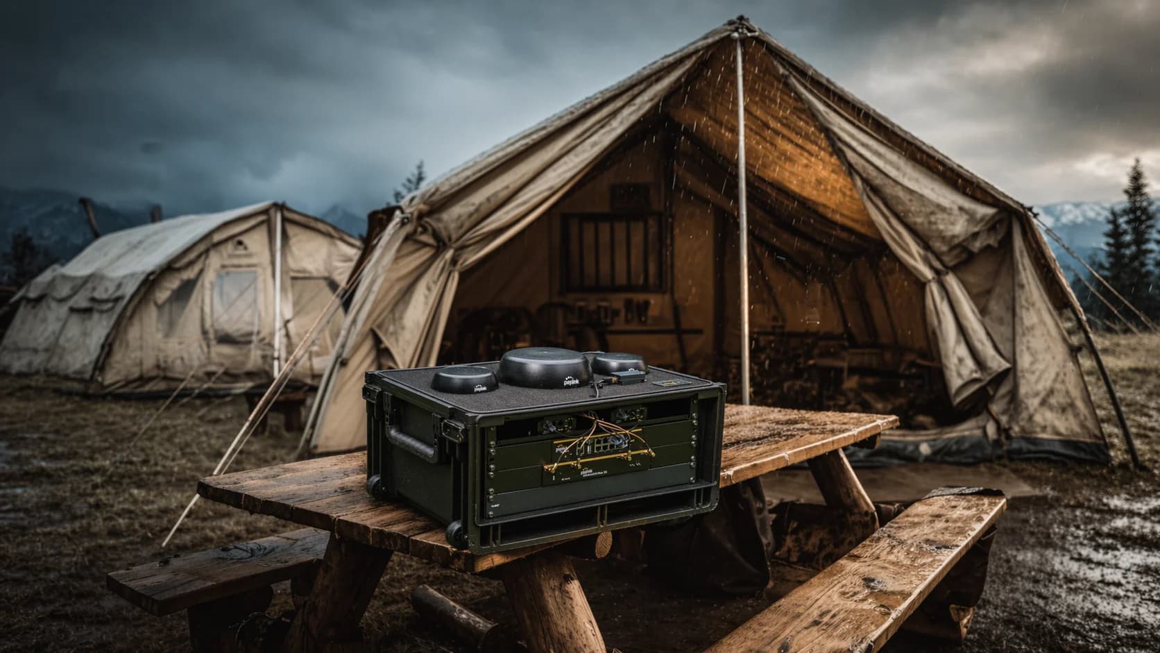 Rugged portable communications case opened in a field tent: antennas, compact router hardware, rain on canvas hint, resilient expedition mood, no text or logos.